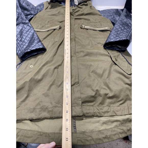 Green Zara Leather and Khaki Winter/Fall Coat Parka L -As is front zipper broken - Picture 15 of 16